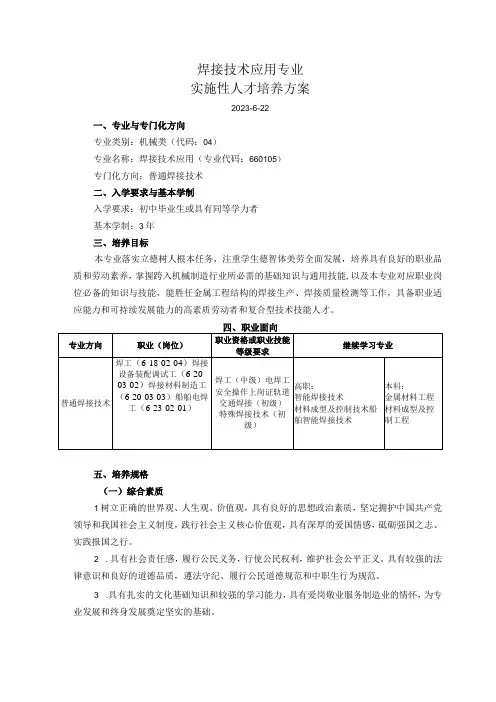 焊接技术应用专业实施性人培方案
