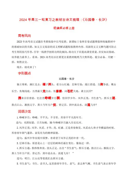 《沁园春长沙》-高三语文一轮复习之古诗文梳理运用与训练(原卷版)