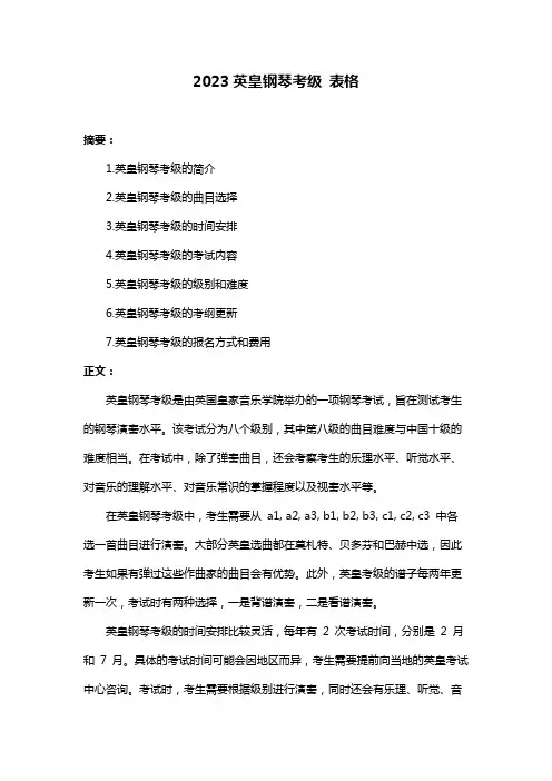 2023英皇钢琴考级 表格