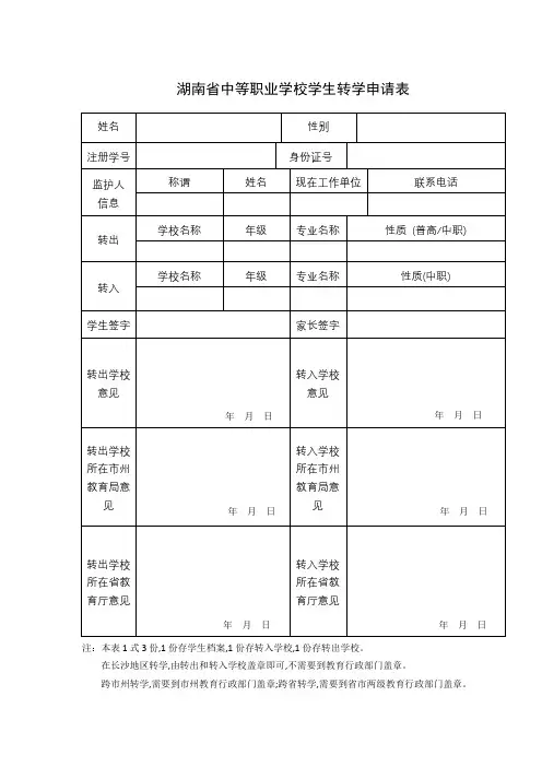 湖南省中等专业转学申请表
