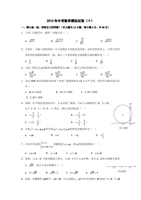 湖北2010中考数学模拟试卷十新人教版