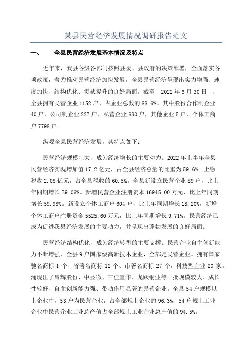 某县民营经济发展情况调研报告范文