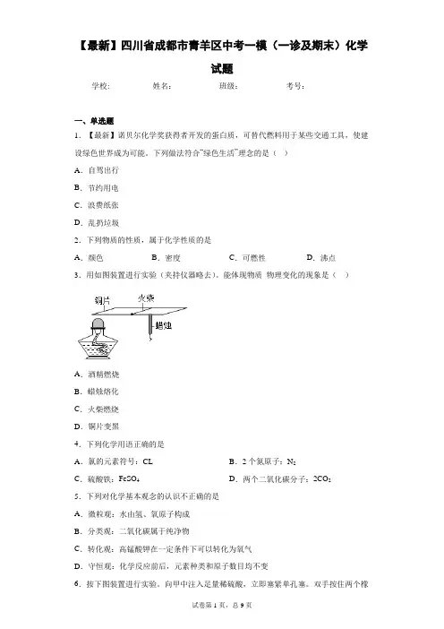 2021年四川省成都市青羊区中考一模(一诊及期末)化学试题 答案和解析