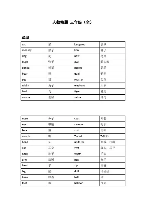 人教精通版三年级上下册知识点汇总(全)
