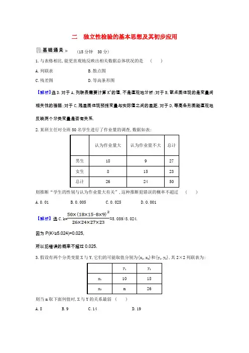 2020_2021学年高中数学第一章独立性检验的基本思想及其初步应用课时素养评价新人教A版选修1_2