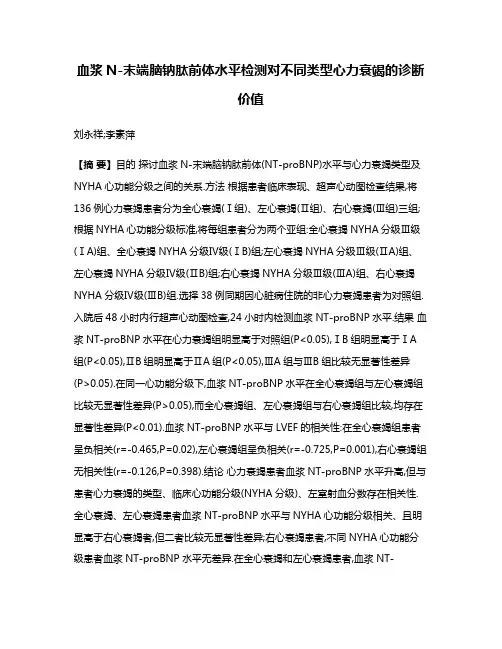 血浆N-末端脑钠肽前体水平检测对不同类型心力衰竭的诊断价值