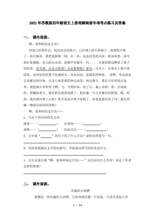2021年苏教版四年级语文上册理解阅读专项考点练习及答案