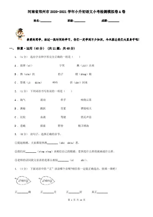 河南省郑州市2020-2021学年小升初语文小考检测模拟卷A卷