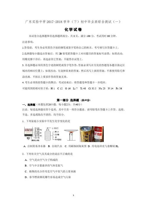 (完整word)2018年广东实验中学九年级中考一模化学试卷和答案