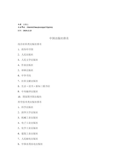 2020年中国各类出版社排名