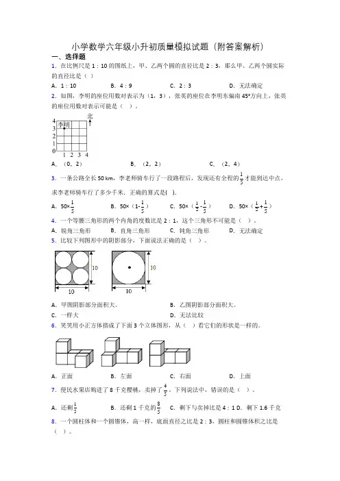 小学数学六年级小升初质量模拟试题(附答案解析)