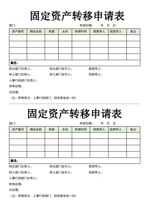 固定资产转移申请表模板