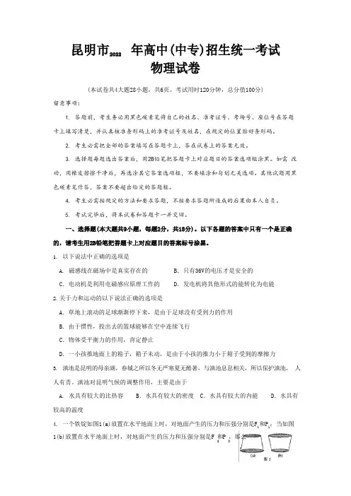 2020年云南省昆明市中考物理试卷(含答案)