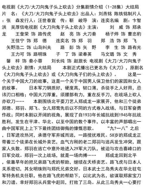 电视剧《大刀-大刀向鬼子头上砍去》分集剧情介绍（1-28集）大结局