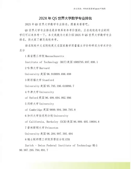 202X年QS世界大学数学专业排名