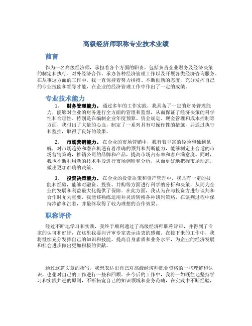 高级经济师职称专业技术业绩总结