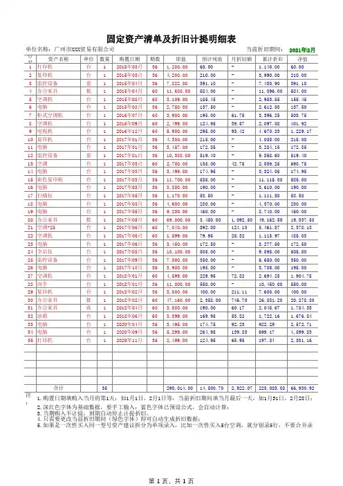固定资产折旧计算表(1秒计提当月折旧)