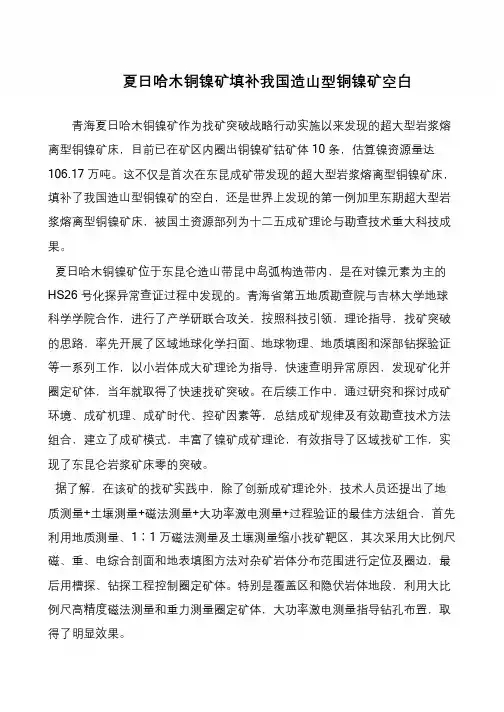 夏日哈木铜镍矿填补我国造山型铜镍矿空白