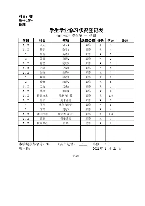 高中学籍档案课程学分填写样式-物理化学地理