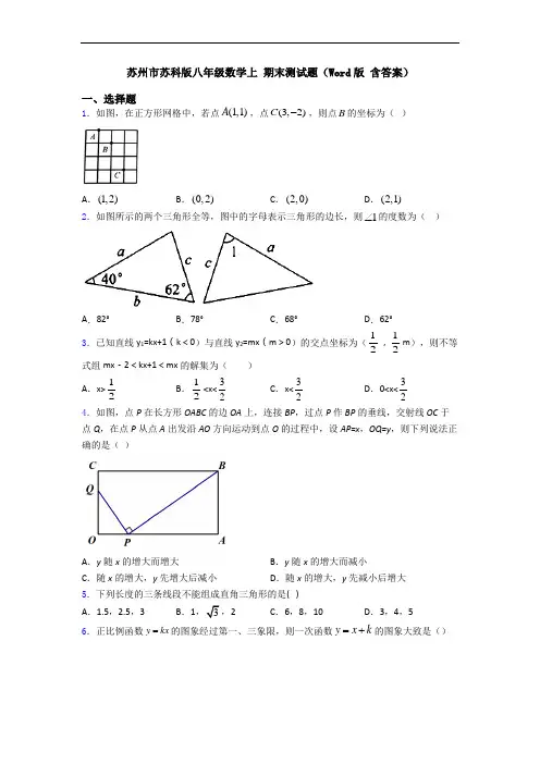 苏州市苏科版八年级数学上 期末测试题(Word版 含答案)