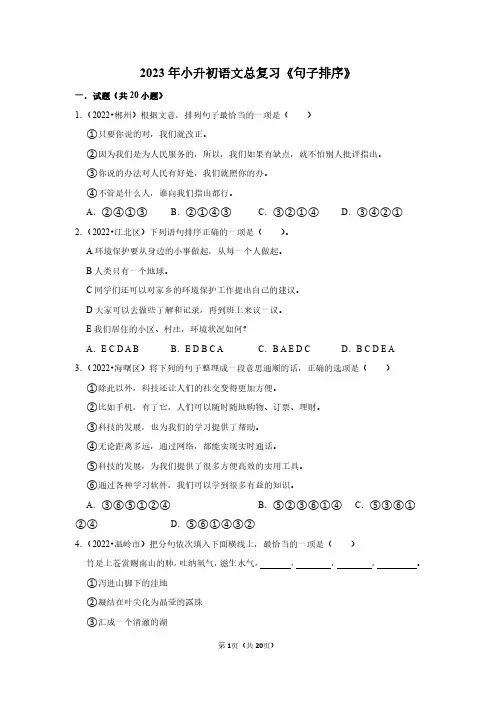 2023年小升初语文总复习《句子排序》(附答案解析)