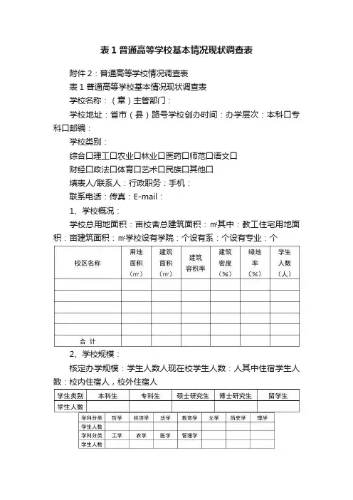 表1普通高等学校基本情况现状调查表