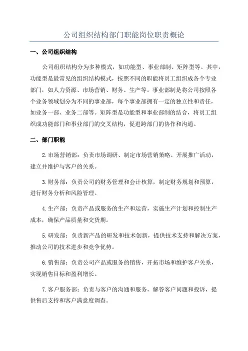 公司组织结构部门职能岗位职责概论
