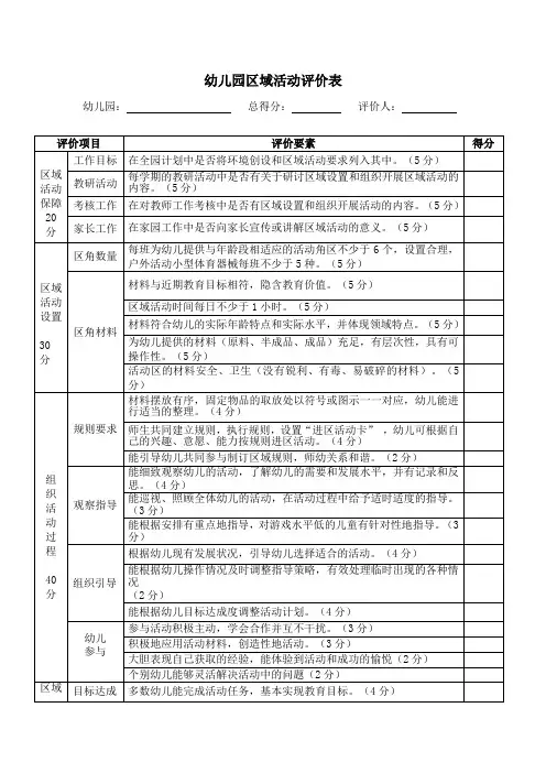 幼儿园区域活动评价表