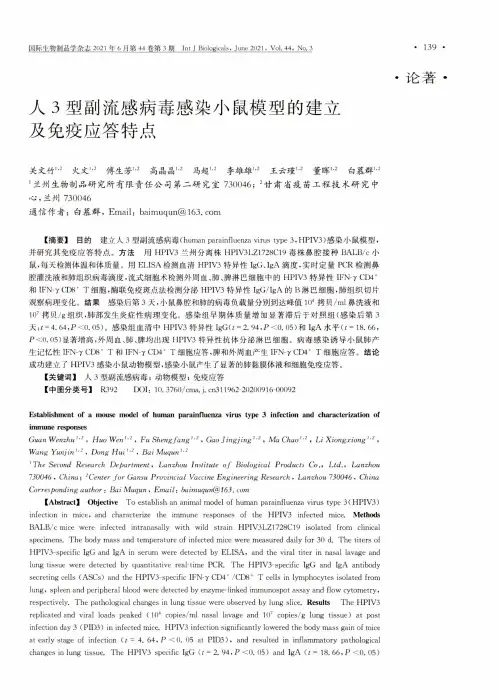 人3型副流感病毒感染小鼠模型的建立及免疫应答特点