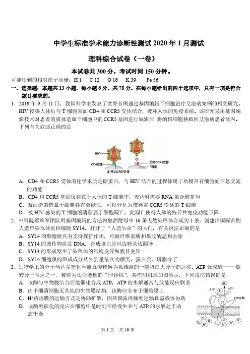 理科综合试题-A4版 - 中学生标准学术能力诊断性测试2020年1月试题(试卷 答案)