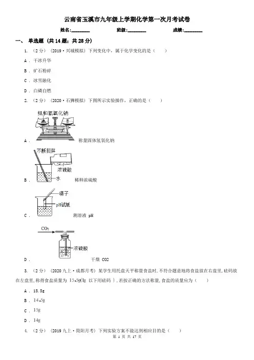 云南省玉溪市九年级上学期化学第一次月考试卷