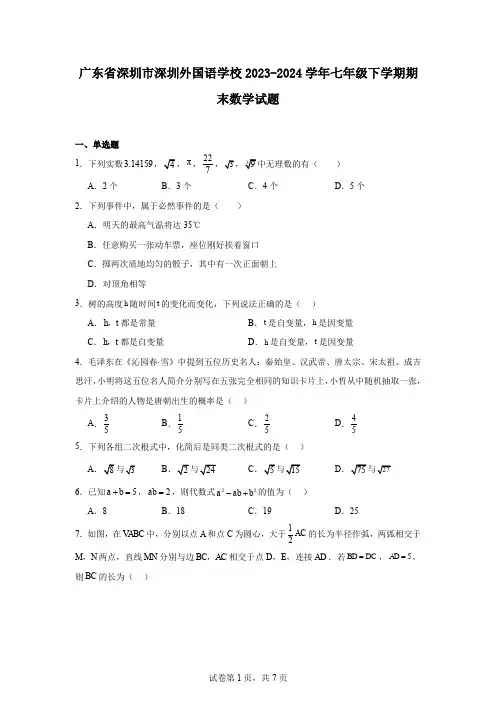 广东省深圳市深圳外国语学校2023-2024学年七年级下学期期末数学试题