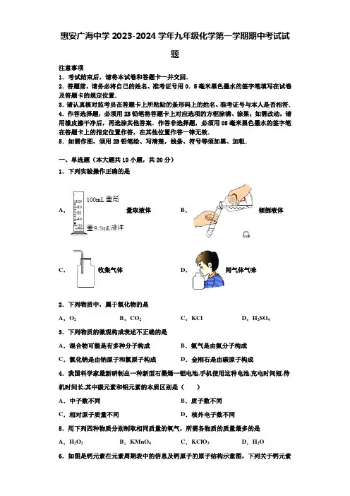 惠安广海中学2023-2024学年九年级化学第一学期期中考试试题含解析