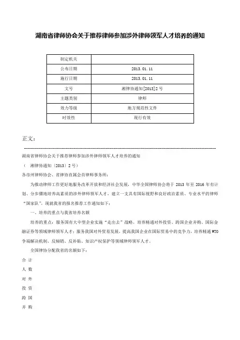 湖南省律师协会关于推荐律师参加涉外律师领军人才培养的通知-湘律协通知[2013]2号