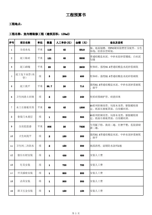 装饰人工费报价单
