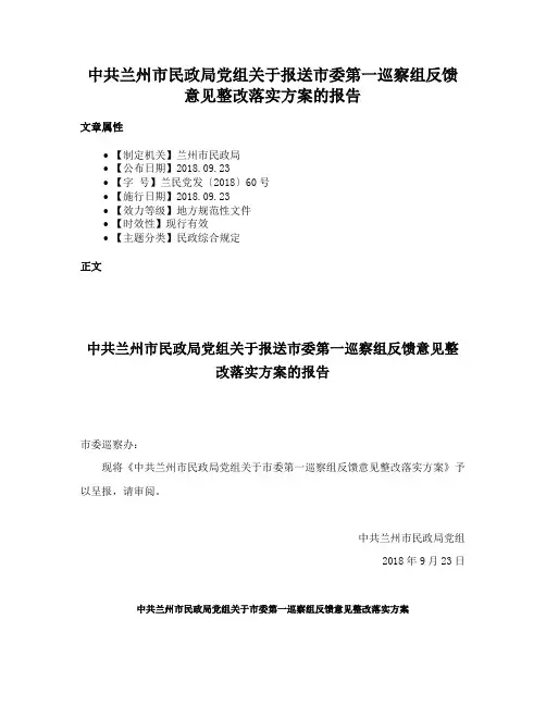 中共兰州市民政局党组关于报送市委第一巡察组反馈意见整改落实方案的报告