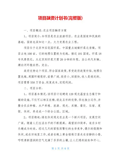 项目融资计划书(完整版)