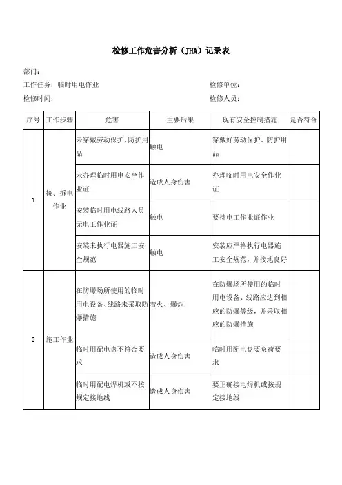 检修工作危害分析(JHA)记录表(临时用电作业)