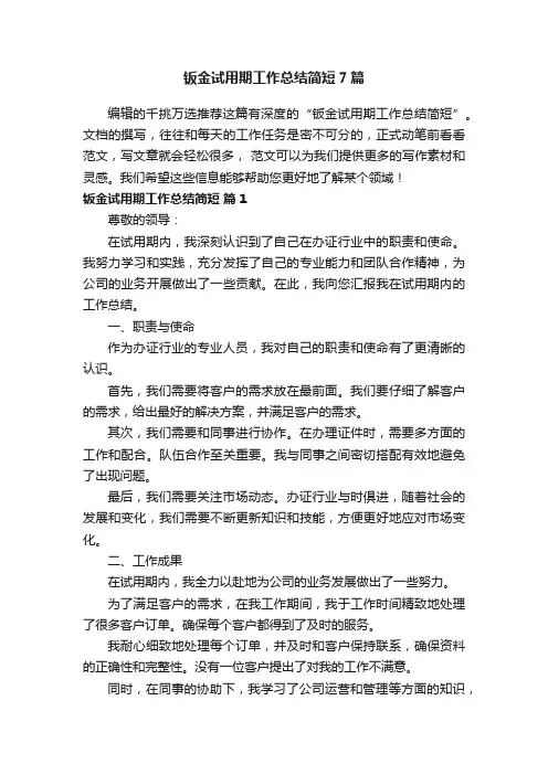 钣金试用期工作总结简短7篇