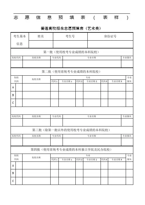 高考志愿信息表全真样表