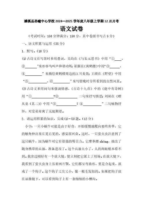 安徽省淮北市濉溪县孙疃中心学校2024-2025学年八年级上学期12月月考语文试题(含答案)
