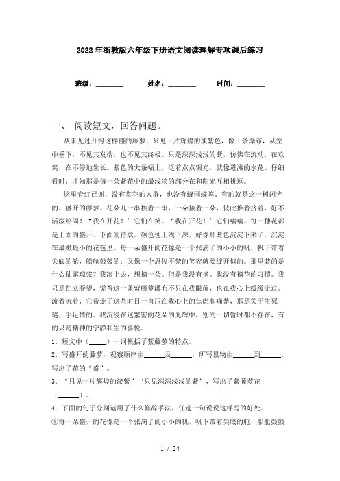 2022年浙教版六年级下册语文阅读理解专项课后练习
