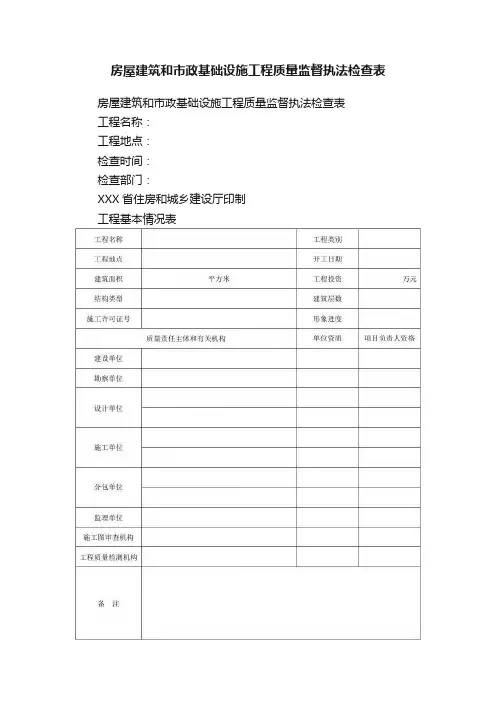 房屋建筑和市政基础设施工程质量监督执法检查表