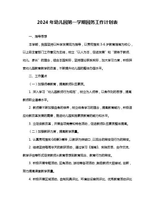 2024年幼儿园第一学期园务工作计划表