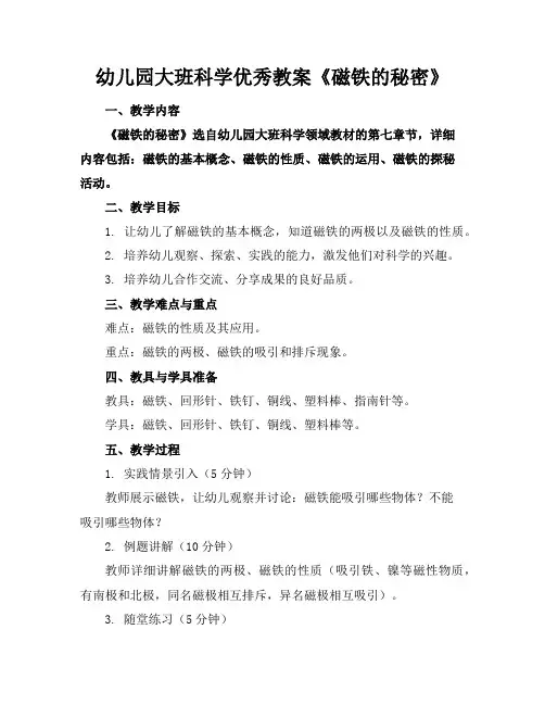 幼儿园大班科学优秀教案《磁铁的秘密》