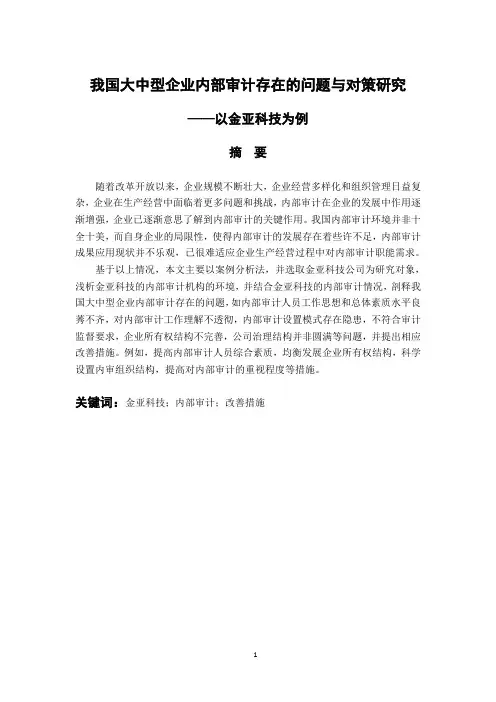 审计学专业 我国大中型企业内部审计存在的问题与对策研究——以金亚科技为例