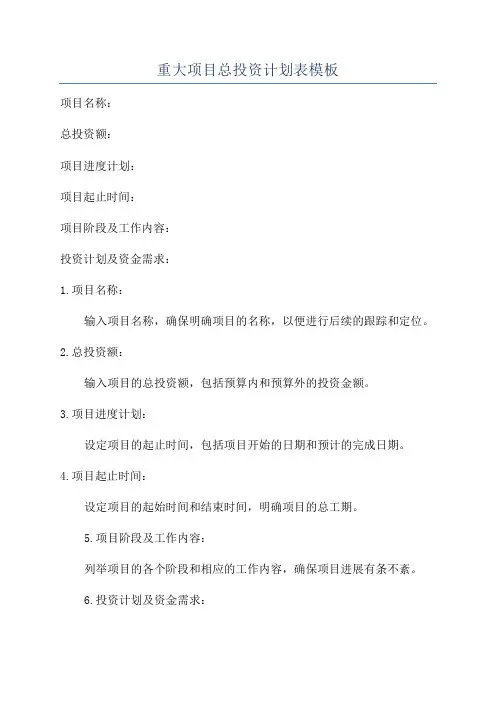 重大项目总投资计划表模板