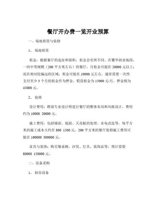 餐厅开办费一览开业预算