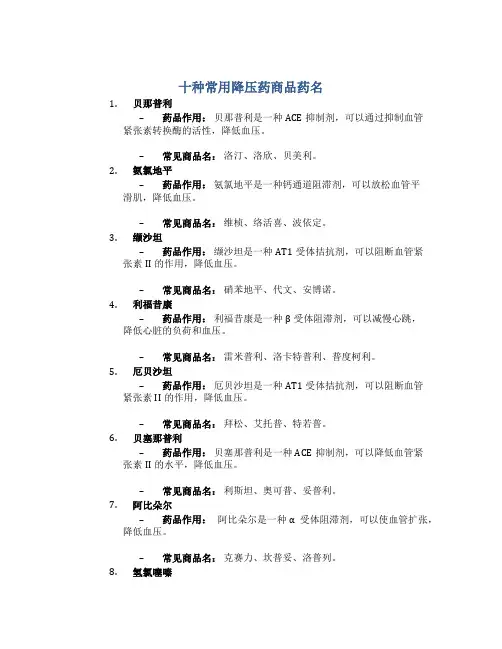 十种常用降压药商品药名