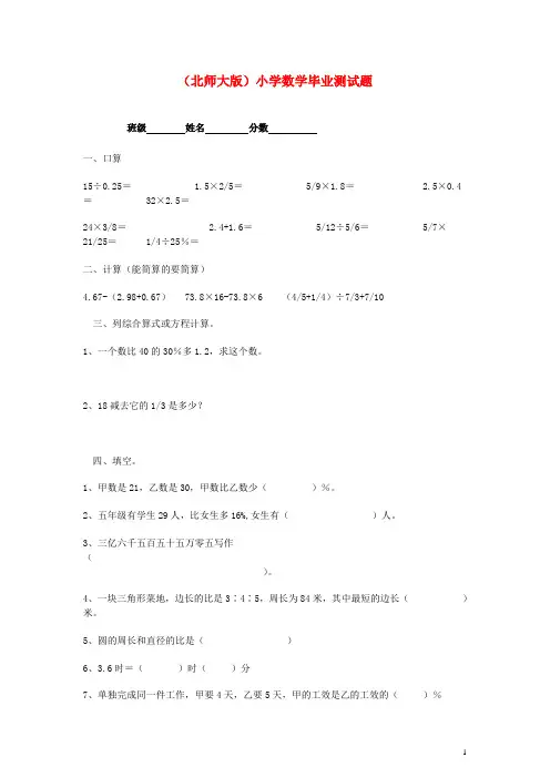 北师大版六年级数学小学毕业检测试题